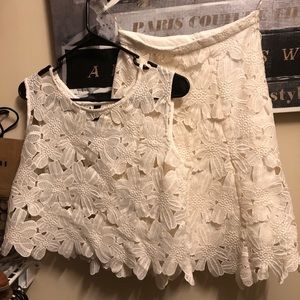 Two Piece White Lace Skirt Crop Top Set